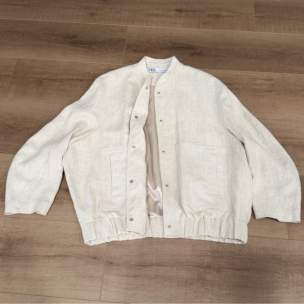 ZARA Linen Blend Bomber Jacket w/ Pockets Light Beige S/M Oversized Bloggers Fav - Picture 6 of 14